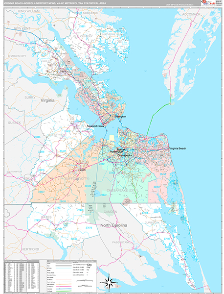 Virginia Beach-Norfolk-Newport News Metro Area Wall Map